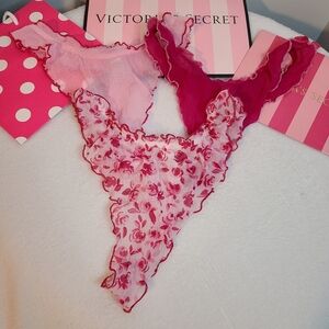 VTG '97 Victoria's Secret 3pk Sheer Mesh Ruffle Hi-cut Thong Panties Size Sm